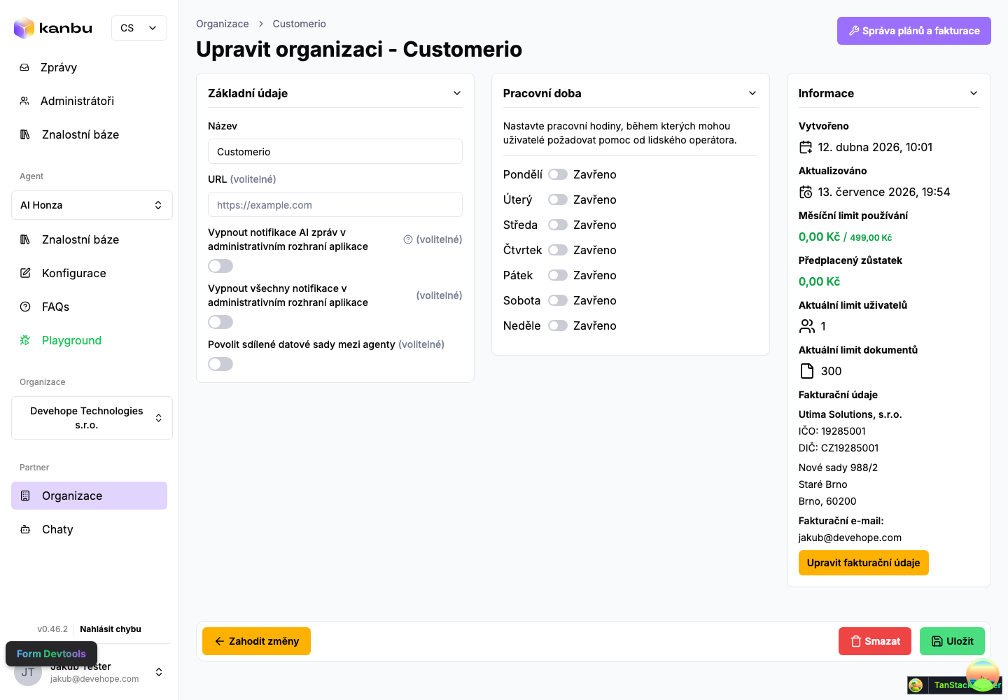 Edit organization page with the Payments and Manage plans and billing buttons