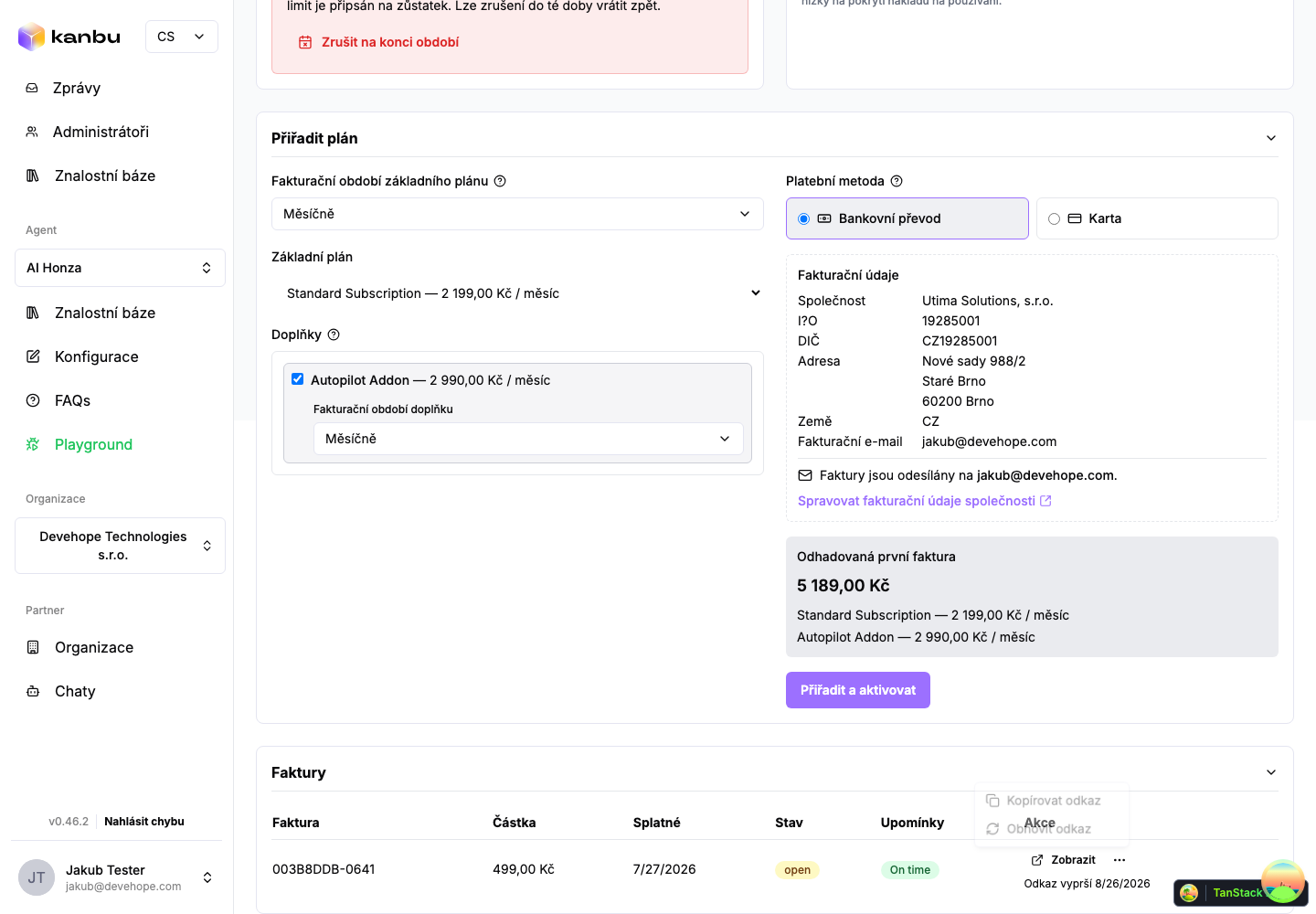 Invoices card with the More actions menu open
