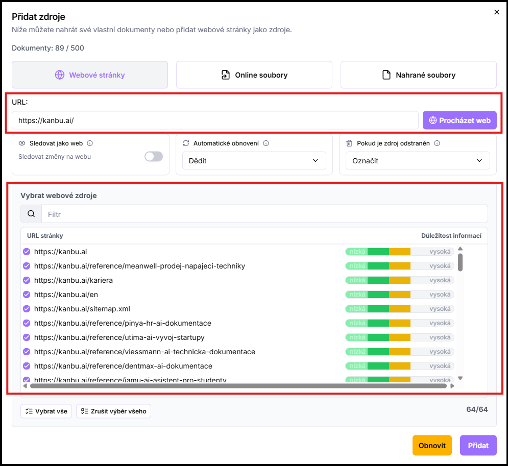 The Add sources dialog with website crawling